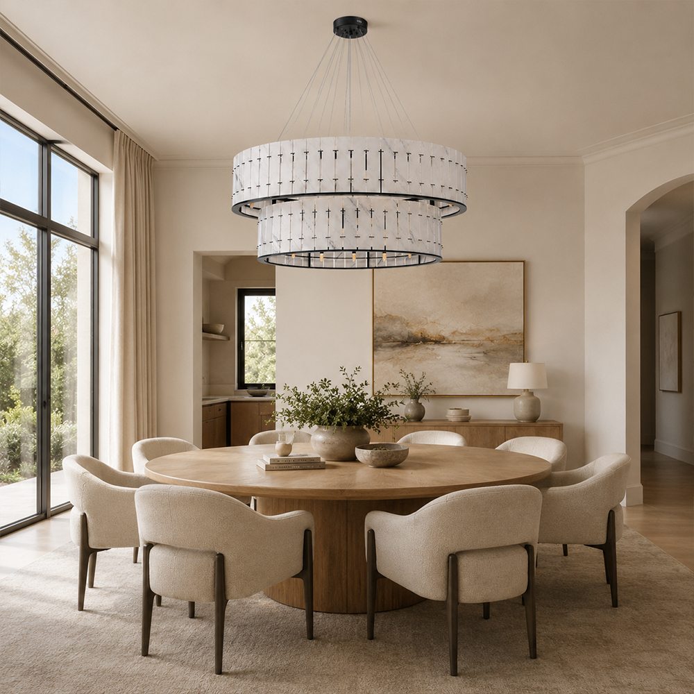 Two-tier white marble chandelier above a round dining table